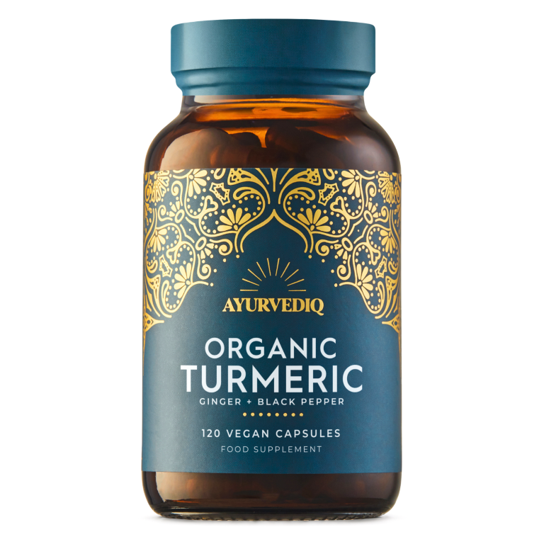 A brown Ayurvediq bottle of Organic Turmeric Ginger & Black Pepper Extract, 120 vegan capsules, featuring gold accents on a blue background, available at Fisa Health.