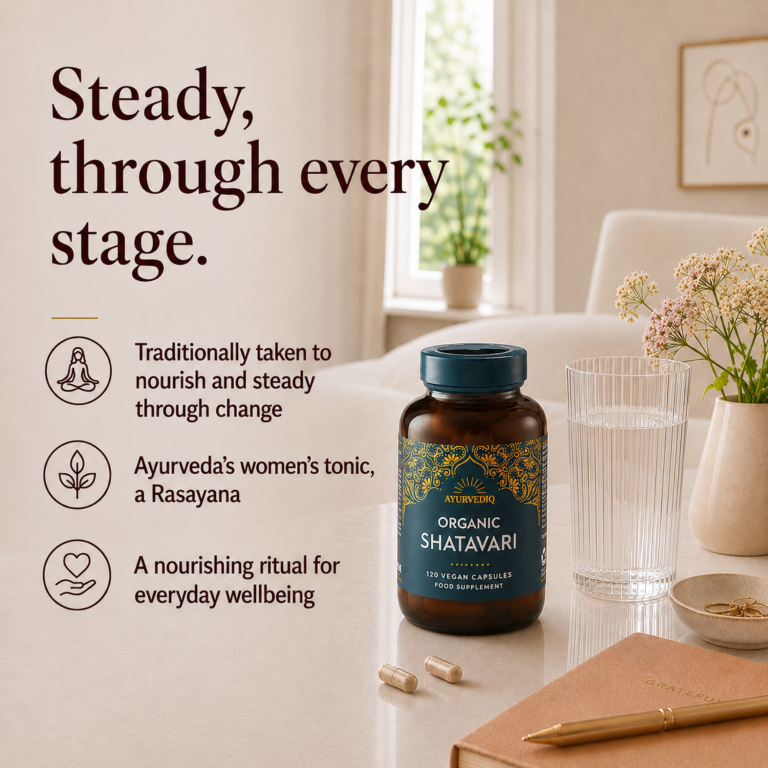 Ayurvediq Organic Shatavari 120 Vegan Capsules next to a glass of water, notebook, and pen, with icons referencing Ayurvedic traditions, available at Fisa Health.