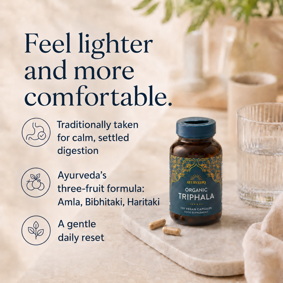 Ayurvediq Organic Triphala 120 Vegan Capsules with amla, bibhitaki, and haritaki in a bottle, shown beside a glass of water and several capsules, available at Fisa Health.