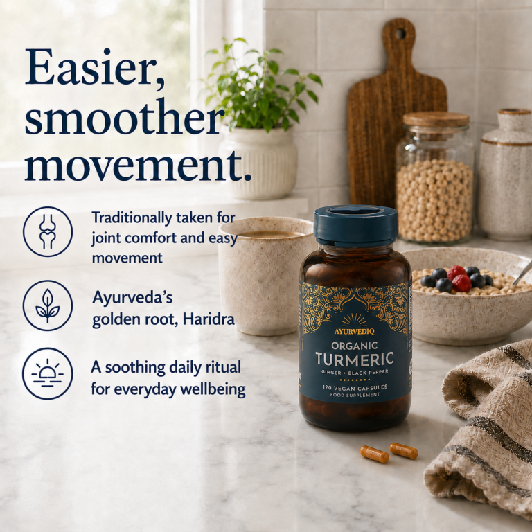 Ayurvediq Organic Turmeric Ginger & Black Pepper Extract 120 Vegan Capsules bottle displayed on a kitchen counter, available at Fisa Health.