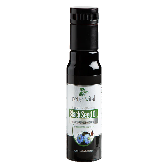 A 100ml bottle of Black Seed Oil Cold-Pressed Nigella Sativa with a black cap and a label featuring blue flowers and product information, available at Fisa Health.