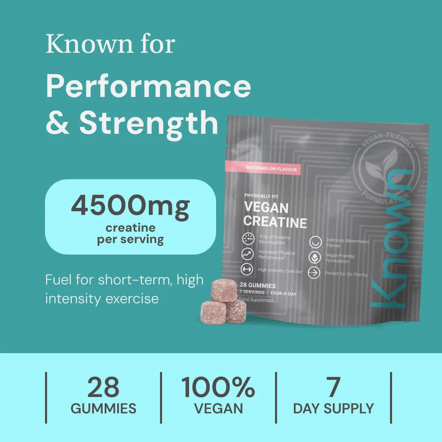 A 28-count package of Known Nutrition Vegan Creatine Gummies, containing 4.5g of creatine monohydrate per serving, available at Fisa Health.