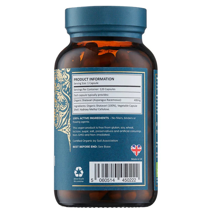 A brown bottle with a blue label shows product info, ingredients, barcode, UK flag, and "Made in UK" for Organic Shatavari 120 Vegan Capsules, available at Fisa Health.