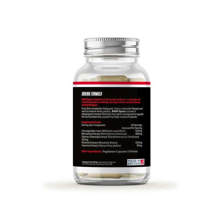 A clear bottle with a silver lid contains vegan capsules. The Raw Sport Recover Adrenal Support Formula label shows supplement details and "Made in Britain" at the bottom right, available at Fisa Health.