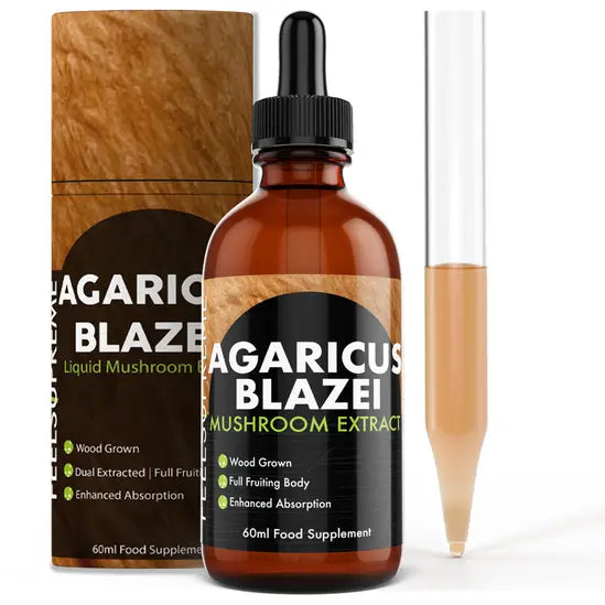Feel Supreme Agaricus Blazei Mushroom Liquid 60ml with dropper, sun mushroom extract using full fruiting body, packaged in a cylindrical container, available at Fisa Health.