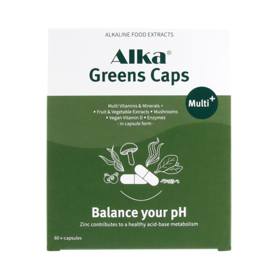 A green and white Alka® Greens Multi - Capsules box displays images of vegetables and capsules. Product is available at Fisa Health.