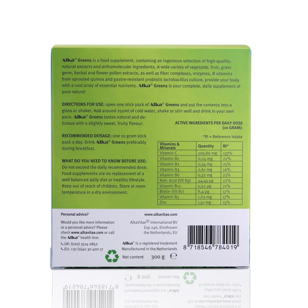 Back of a green and white Alka® Greens Daily Superfood Powder Sticks box, displaying detailed ingredients, usage instructions, nutrition facts, and barcode, available at Fisa Health.