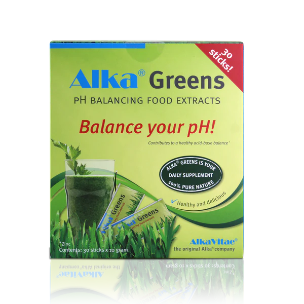 A box of Alka® Greens Daily Superfood Powder Sticks (30 ct) featuring green drink imagery and informational text on the packaging, available at Fisa Health.