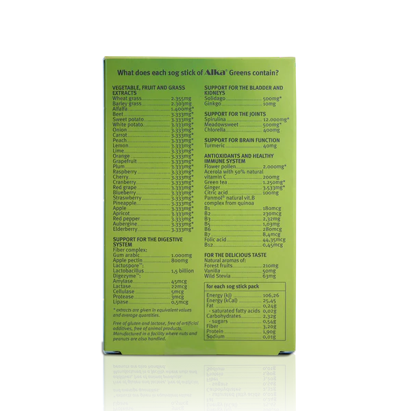 Alka® Greens Daily Superfood Powder Sticks in a green box displaying ingredients list such as greens powder, veggie extracts, antioxidants, probiotics, and nutrition facts in small black text, available at Fisa Health.