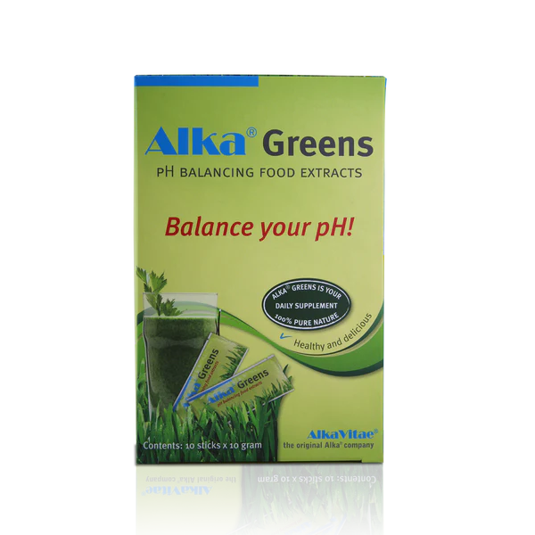 A box of Alka® Greens Daily Superfood Powder Sticks, featuring product information along with images of powder sachets and a glass of green drink on the front, available at Fisa Health.