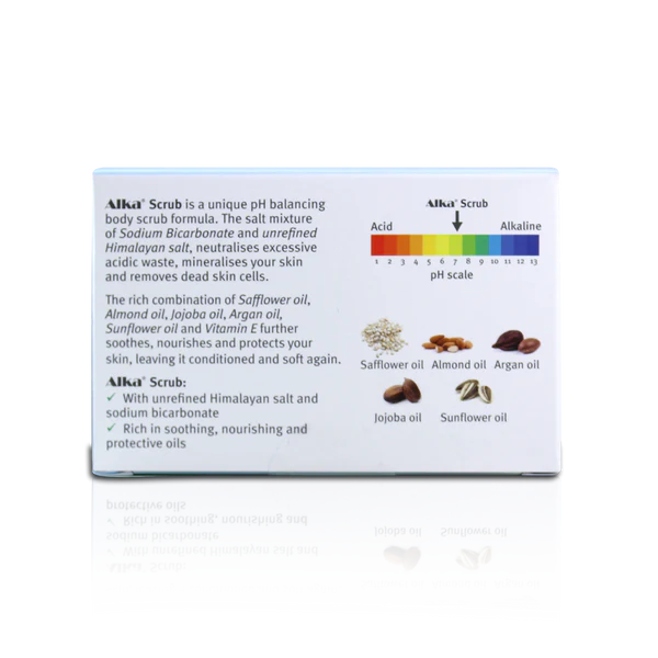 A box of Alka® Scrub from displaying a pH scale, illustrations of safflower, almond, argan, jojoba, and sunflower oils, along with product information text; available at Fisa Health.