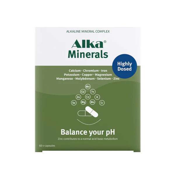 Alka® Minerals: pH Balancing Mineral Complex with 60 plant-based capsules featuring Lithothamnium calcareum, highly dosed formula in a white bottle, available at Fisa Health.