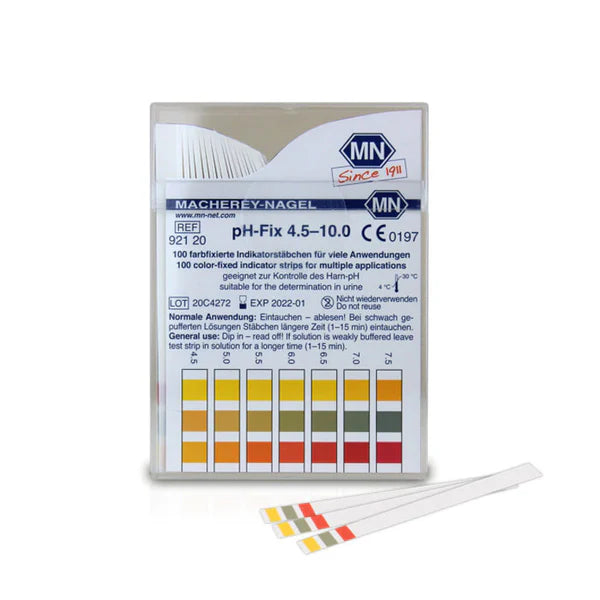A pack of Alka® pH test strips with a color chart displayed on the front and three test strips lying outside, available at Fisa Health.