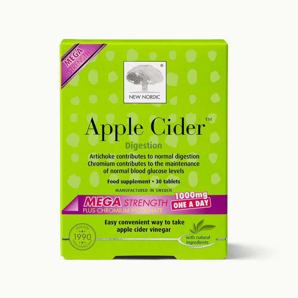 Box of New Nordic Apple Cider Vinegar Mega Strength 30 Tablets 1000mg, featuring a botanical blend, available at Fisa Health.