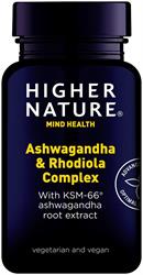 Higher Nature Ashwagandha & Rhodiola Complex 30 Capsules with KSM-66, suitable for vegetarians and vegans, available at Fisa Health.