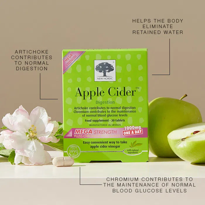 New Nordic Apple Cider Vinegar Mega Strength 30 Tablets 1000mg, a botanical blend centered between a white flower and a green apple, available at Fisa Health.