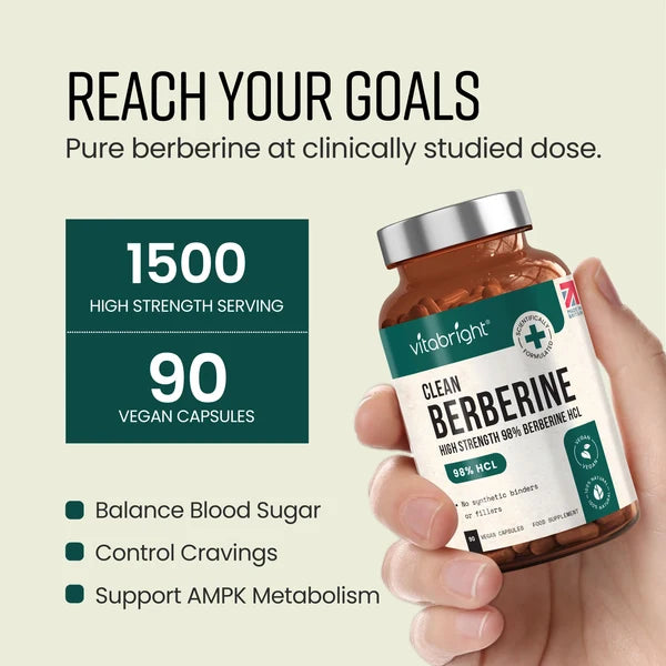 A hand holds a bottle of Vitabright High Strength 98% Berberine HCL Capsules, 90 capsules, with 1500mg serving size, available at Fisa Health.