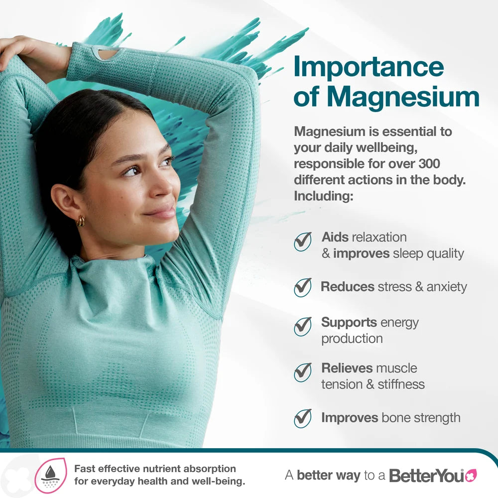 A woman stretches her arms above her head next to BetterYou Magnesium Skin Body Lotion 180ml, available at Fisa Health.