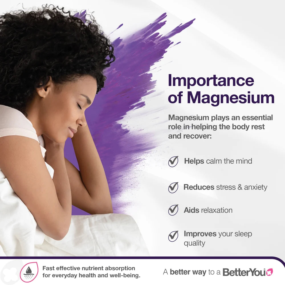 A woman sleeping in bed next to a list of details for BetterYou Magnesium Sleep Mineral Lotion 180ml, available at Fisa Health.