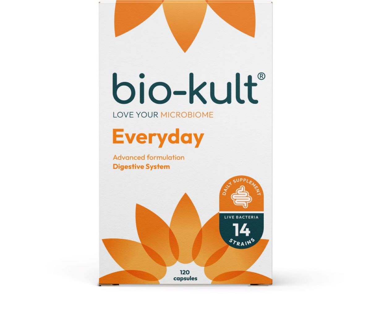 Bio-Kult Everyday 120 Capsules: white box with orange leaf graphics, LOVE YOUR MICROBIOME slogan, and details on 14 strains. Brand: Bio-Kult, available at Fisa Health.
