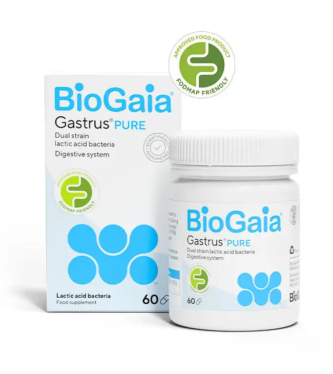 A bottle and box of BioGaia® Gastrus® PURE, a FODMAP Friendly probiotic. Packaging includes lactic acid bacteria icons, available at Fisa Health.
