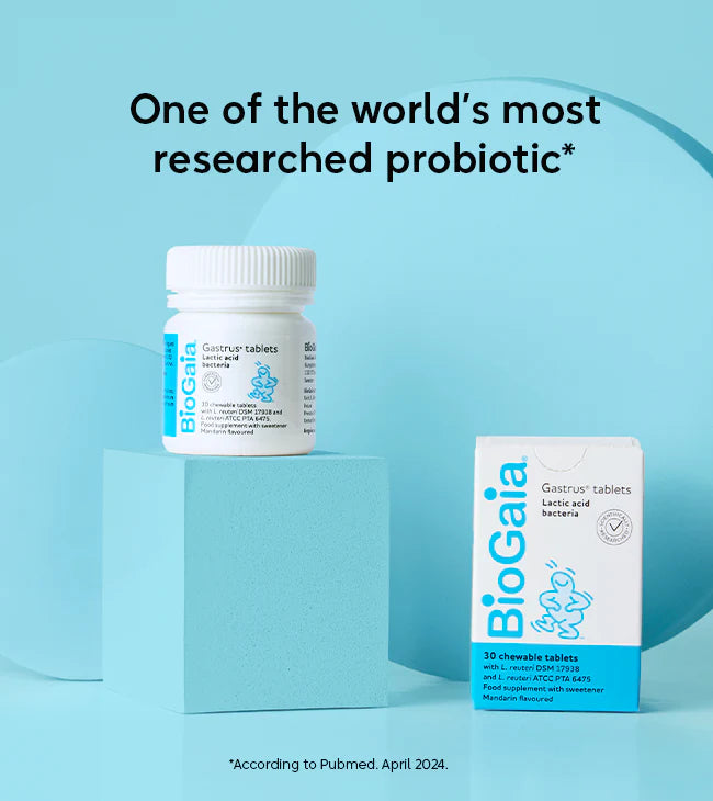 Two packs of BioGaia Gastrus 30s tablets from are placed on blue blocks. The packaging displays the phrase “One of the world’s most researched probiotic*.” Available at Fisa Health.