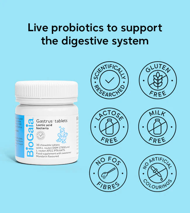 A box labeled "BioGaia Gastrus Tablets 30s," featuring icons for gluten free, lactose free, and milk free. Product available at Fisa Health.