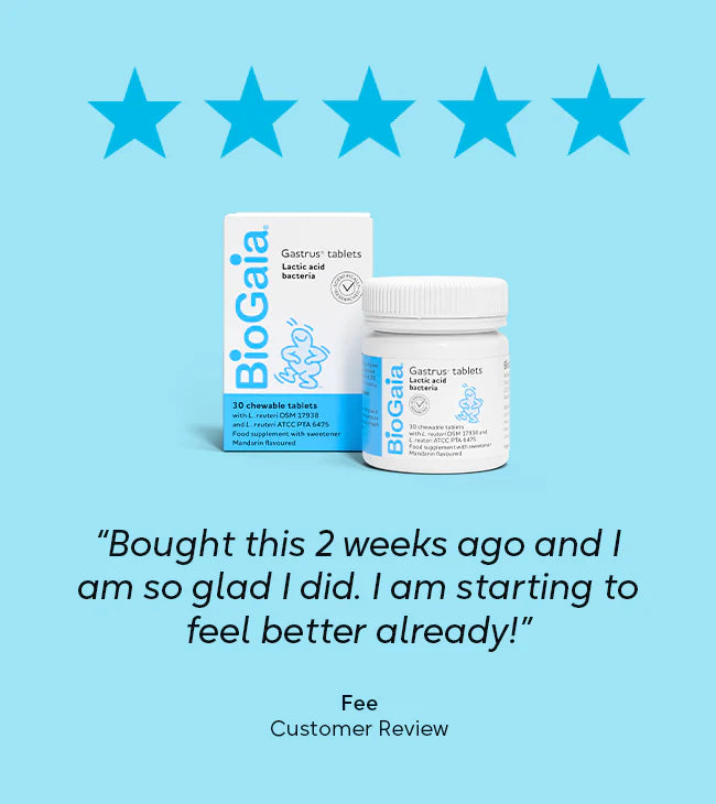 A box of BioGaia Gastrus Tablets 30s with visible 5-star rating and a customer review, available at Fisa Health.