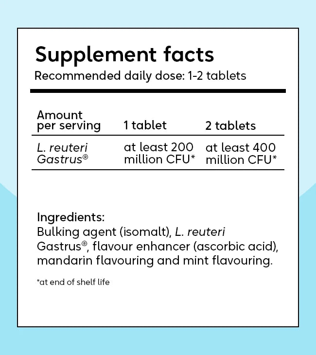 BioGaia Gastrus Tablets 30s by BioGaia. Packaging shows supplement facts label with serving size, CFU per dose, and listed ingredients. Available at Fisa Health.
