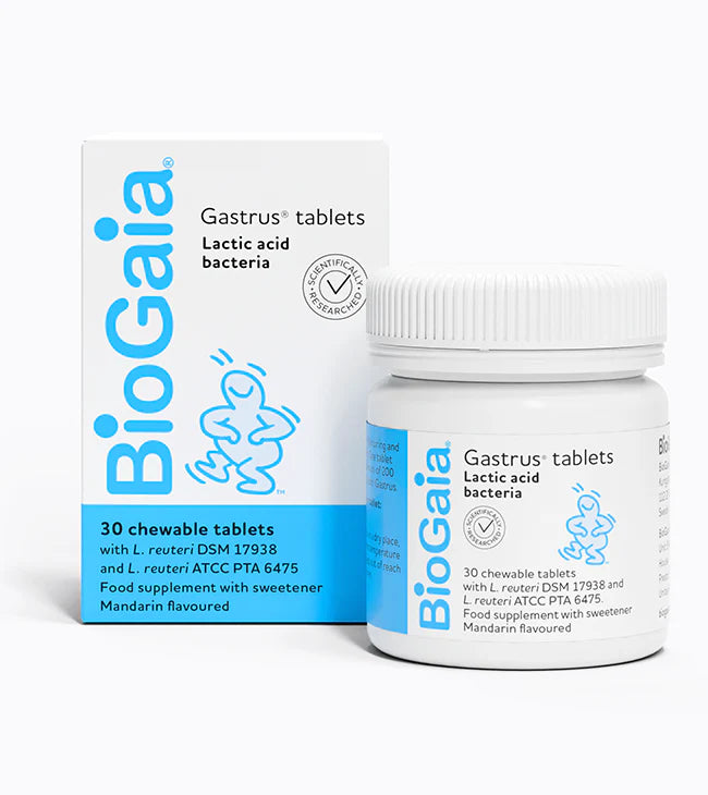 A box and bottle of BioGaia Gastrus Tablets 30s with blue and white packaging, cartoon figure, and English text. Brand: BioGaia. Product name: Gastrus Tablets. Available at Fisa Health.