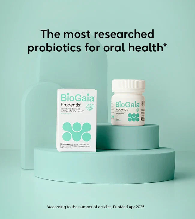 Two boxes of BioGaia Prodentis Lozenges 30s displayed on light green podiums with visible packaging and text referencing PubMed April 2025, available at Fisa Health.
