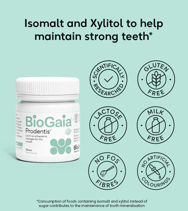 A jar of BioGaia Prodentis Lozenges 30s, labeled as gluten-free, lactose-free, milk-free, and free from artificial colourings. Available at Fisa Health.