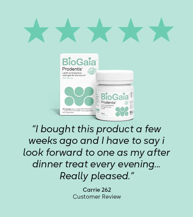 BioGaia Prodentis Lozenges 30s pack and bottle with visible star rating and customer review text on packaging, available at Fisa Health.