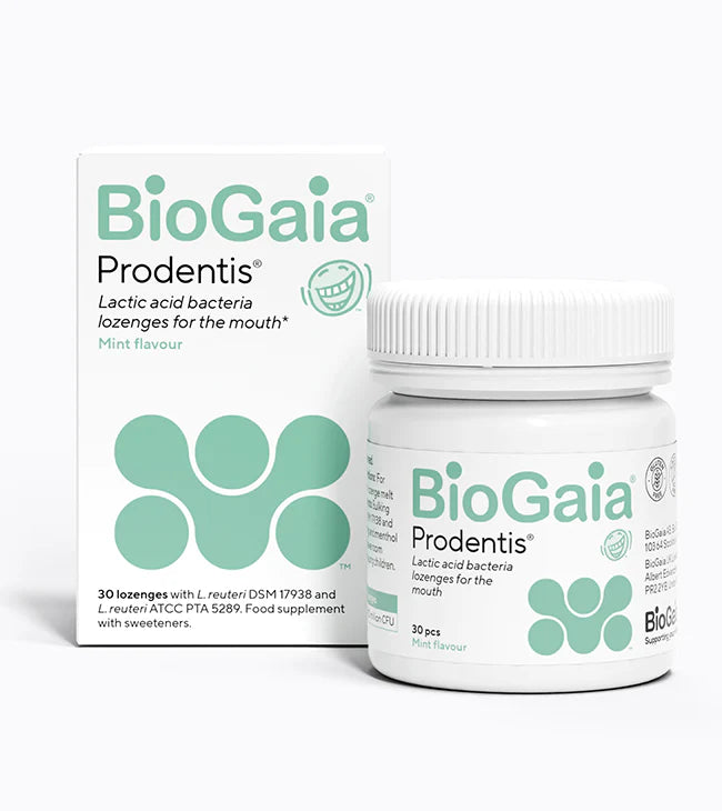 A box and container of BioGaia Prodentis Lozenges 30s, white with green text and mint label, shown against a plain background. Available at Fisa Health.