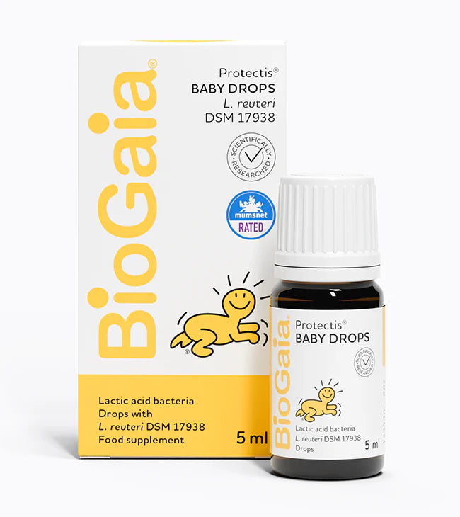 BioGaia Protectis Baby Drops 5ml box and bottle from FISA Health shown, both with the brand name and a yellow cartoon baby illustration; available at Fisa Health.