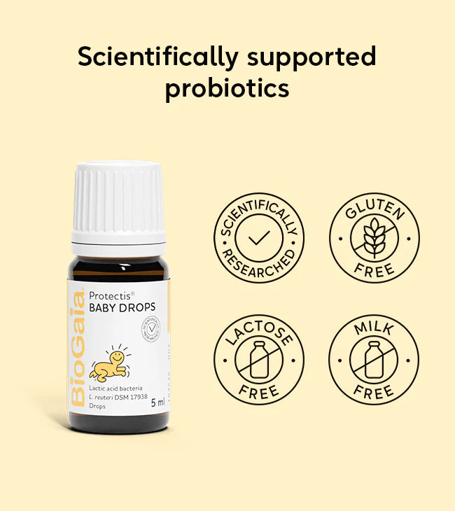 BioGaia Protectis Baby Drops 5ml bottle with yellow and white packaging, showing the BioGaia brand and product name; available at Fisa Health.