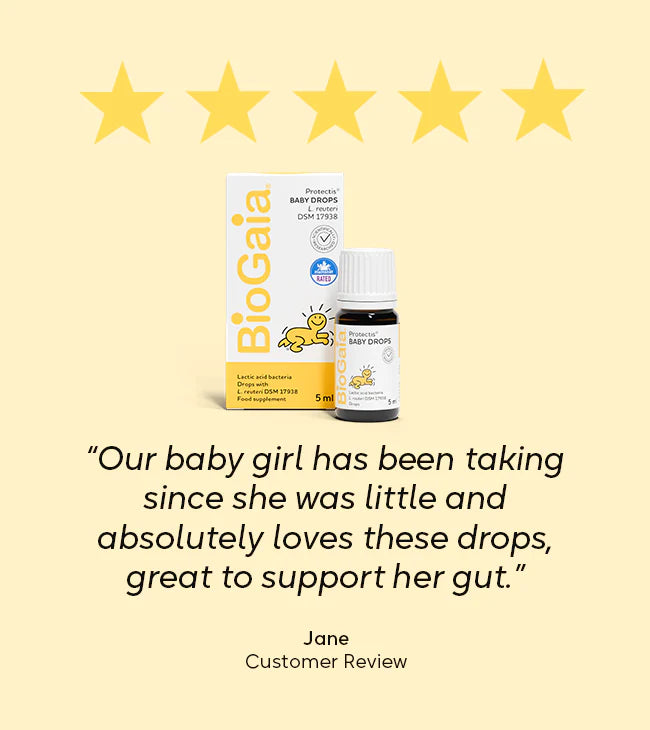 BioGaia Protectis Baby Drops 5ml bottle and box with five stars above. Brand name BioGaia Protectis is visible on packaging. Product available at Fisa Health.