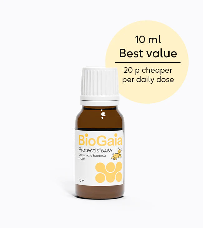 A 5ml bottle with the label “BioGaia Protectis Baby Drops” is displayed, shown next to a price comparison, available at Fisa Health.