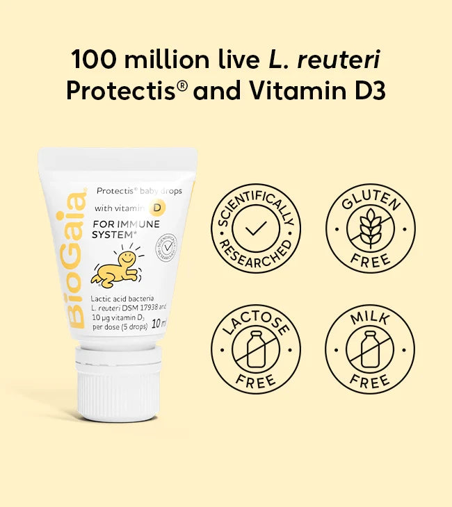 A bottle of BioGaia Protectis Baby Drops with Vitamin D 10ml, shown with icons indicating scientifically researched, gluten free, lactose free, and milk free, available at Fisa Health.