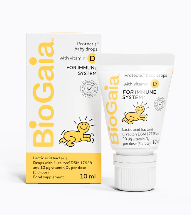 A box and tube of BioGaia Protectis Baby Drops with Vitamin D 10ml, featuring a yellow logo and cartoon baby, available at Fisa Health.