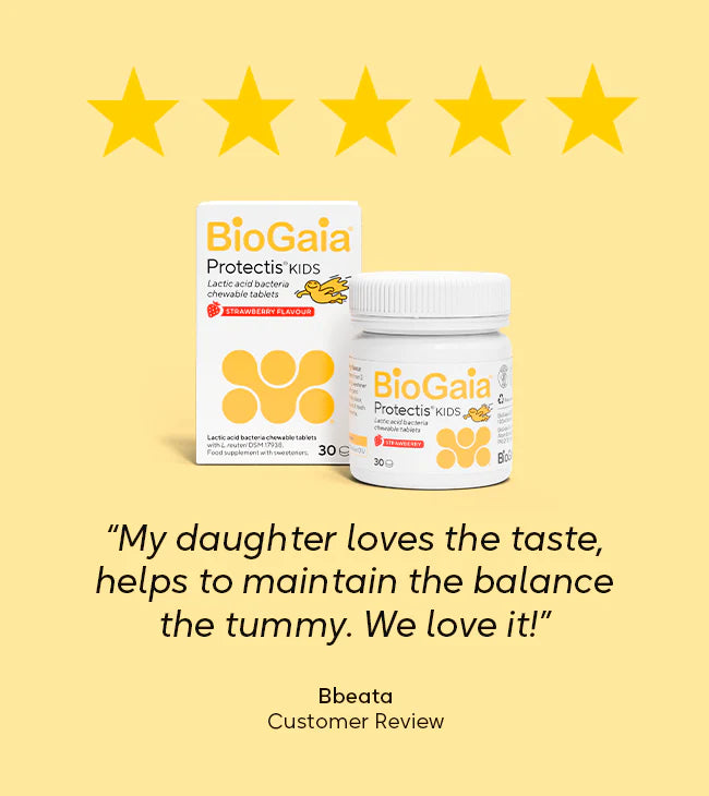 BioGaia Protectis Strawberry Kids Tablets 30s box with five stars and a positive review highlighting their strawberry flavor, available at Fisa Health.