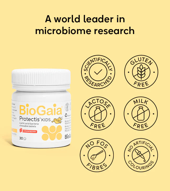 A bottle of BioGaia Protectis Strawberry Kids Tablets 30s with L. reuteri Protectis, featuring icons for gluten free, milk free, and no artificial colourings, available at Fisa Health.