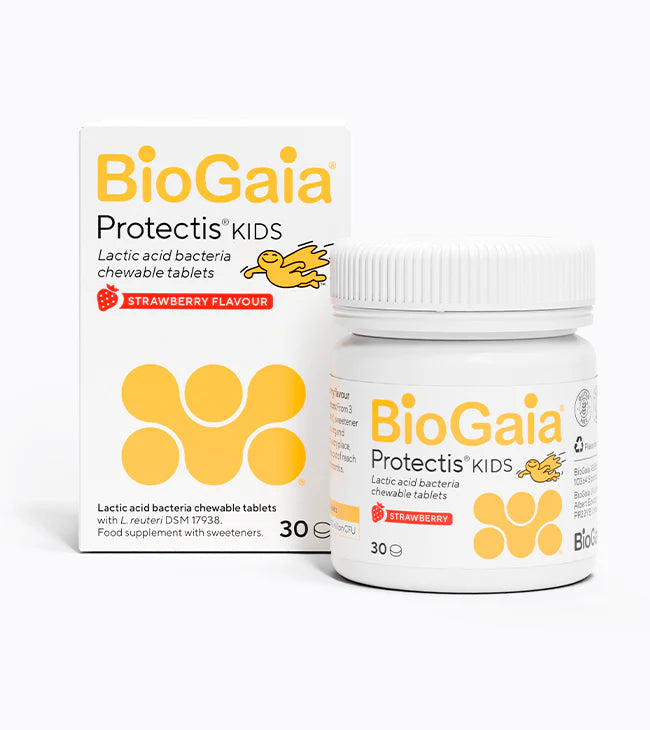 BioGaia Protectis Strawberry Kids Tablets 30s, shown in a white box and bottle with yellow and orange accents on a white background, available at Fisa Health.
