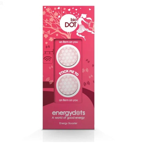 The EnergyDots bioDOT package includes two pink wearable stickers displayed in a vibrant, energy-themed box, available at Fisa Health.