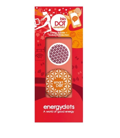 EnergyDots bioDot + smartDOT by EnergyDots in red-orange packaging with two stickers, wearable accessory, abstract design, clear branding, available at Fisa Health.