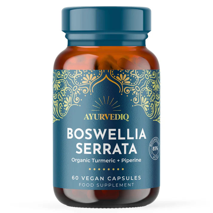 A bottle labeled Boswellia Serrata and Turmeric - 60 Capsules, featuring organic ingredients, is displayed against a white background, available at Fisa Health.