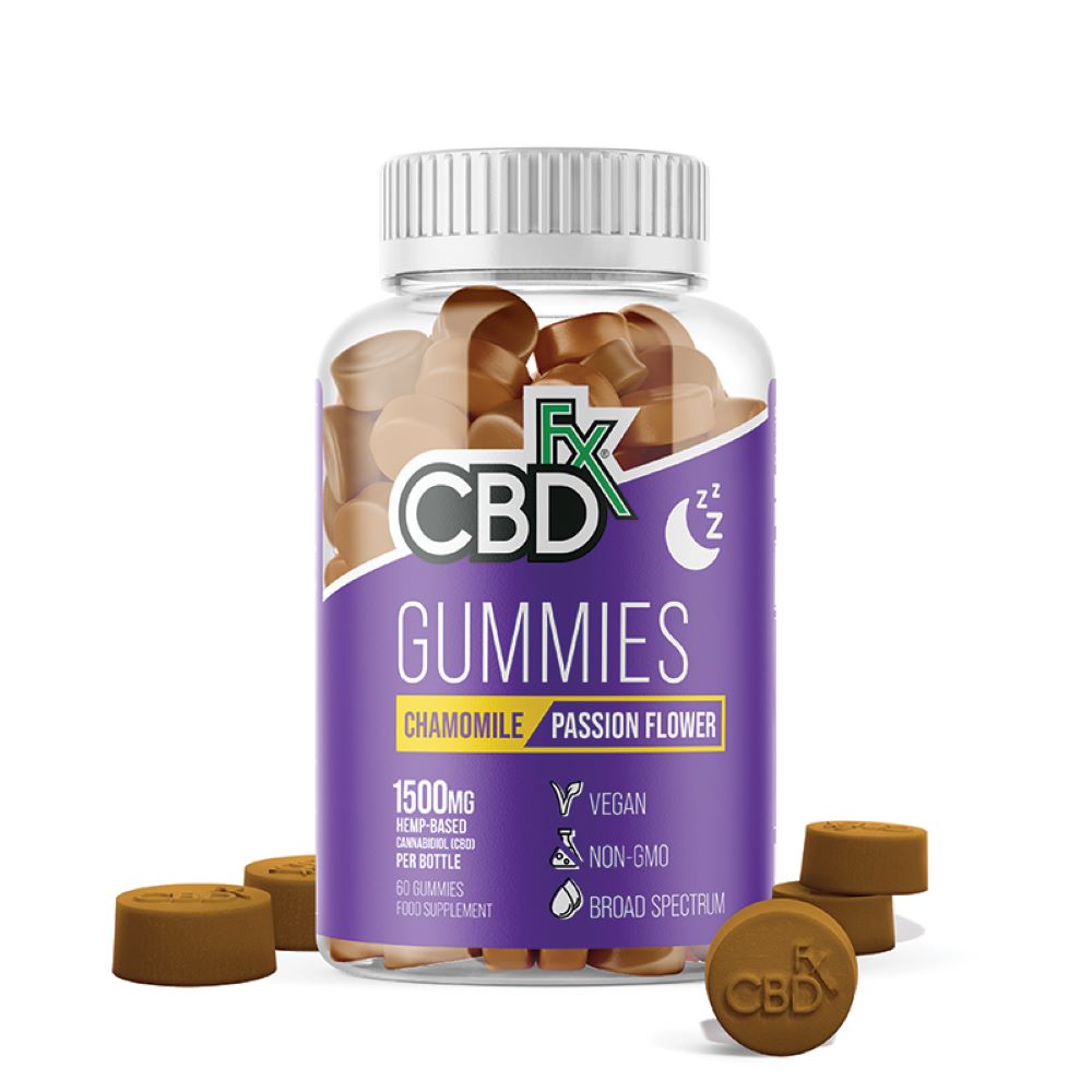 CBDfx Sleep Gummies by CBDFX: vegan gummies featuring organic hemp extract, chamomile, and passion flower in colorful packaging, available at Fisa Health.