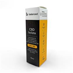 A small box of Balanced Swiss Grown Pure Isolate CBD Oil, 10ml, 10% CBD, featuring Swiss mountains and product details on the packaging, available at Fisa Health.