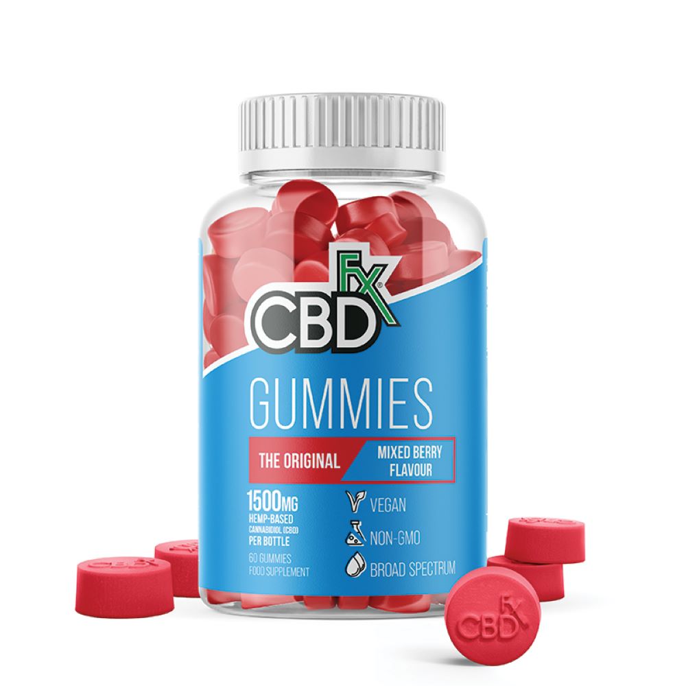 The CBDFX Mixed Berry Gummies label shows 1500mg broad spectrum CBD per bottle, vegan, non-GMO, organic hemp, and 60 gummies, available at Fisa Health.