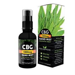 Feel Supreme CBG Liposomal Spray 10ml bottle marked “10% OFF,” placed beside its box decorated with green cannabis leaves and product details, available at Fisa Health.